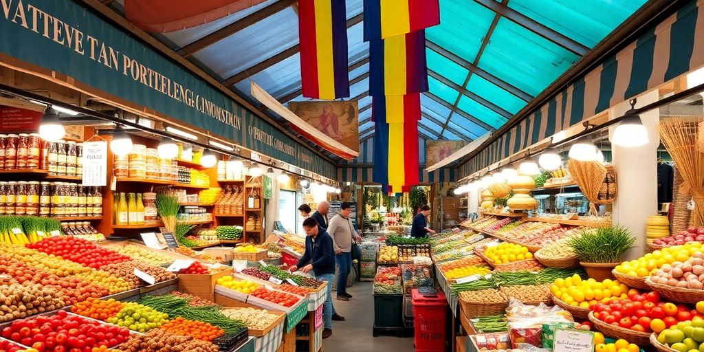 Bustling Romanian market with colorful local products.