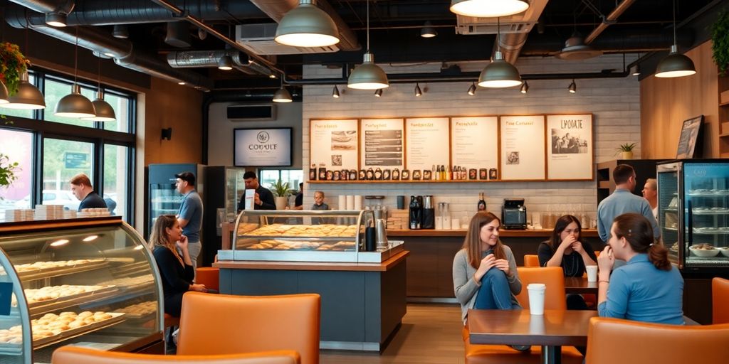 Coffee shop interior with cozy seating and pastries.