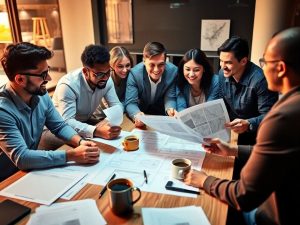 Grup divers de antreprenori discutând planuri de afaceri.