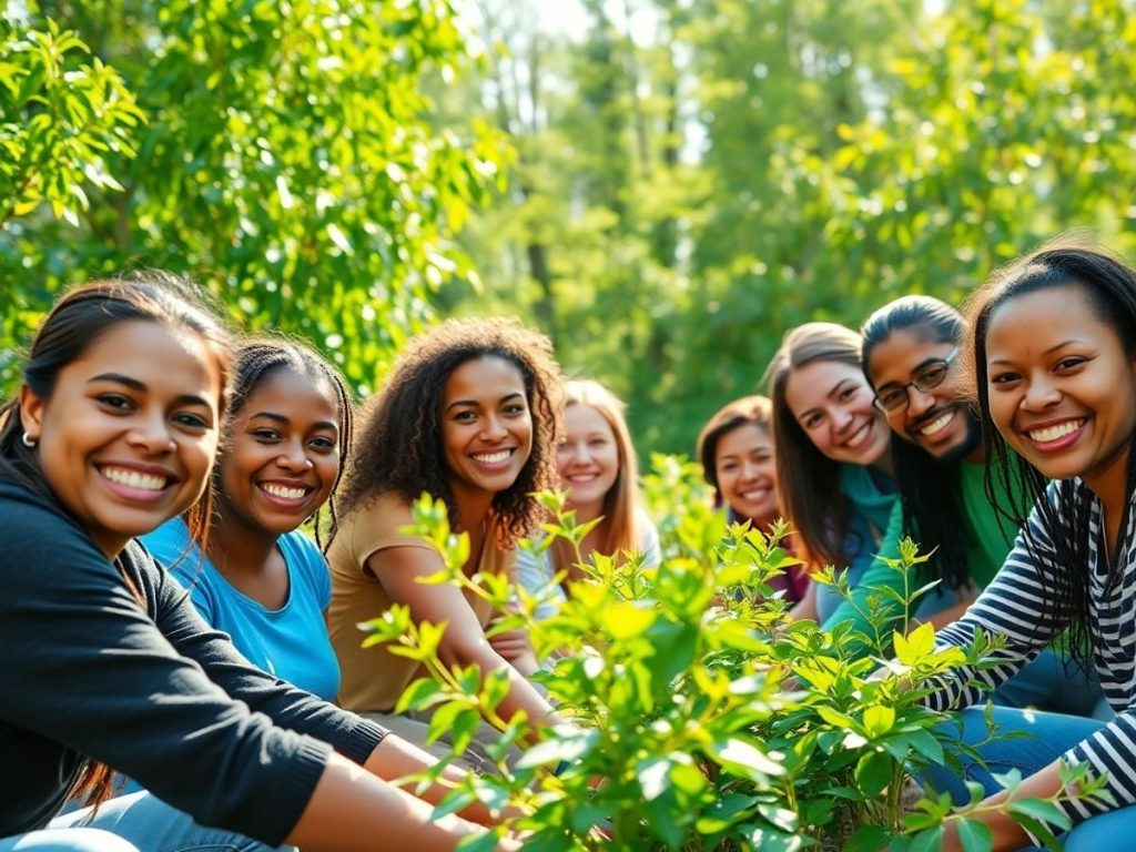 Oameni zâmbitori, natură verde, franciză sustenabilă, impact pozitiv.