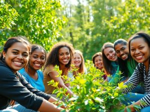 Oameni zâmbitori, natură verde, franciză sustenabilă, impact pozitiv.