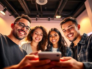 Oameni zâmbitori, tehnologie modernă, interacțiune, studio, lumini calde.