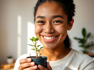 O persoană zâmbitoare începe o afacere franciză, cu buget redus.