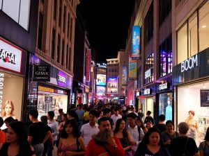 Oameni zâmbitori în fața vitrinelor luminoase ale magazinelor