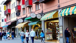 Străzi aglomerate cu vitrine colorate și clădiri moderne.