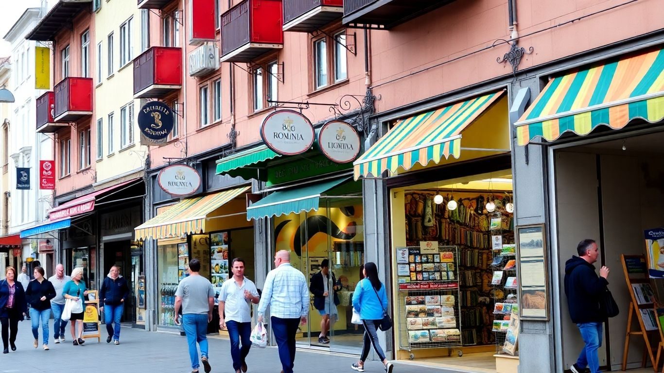 Străzi aglomerate cu vitrine colorate și clădiri moderne.